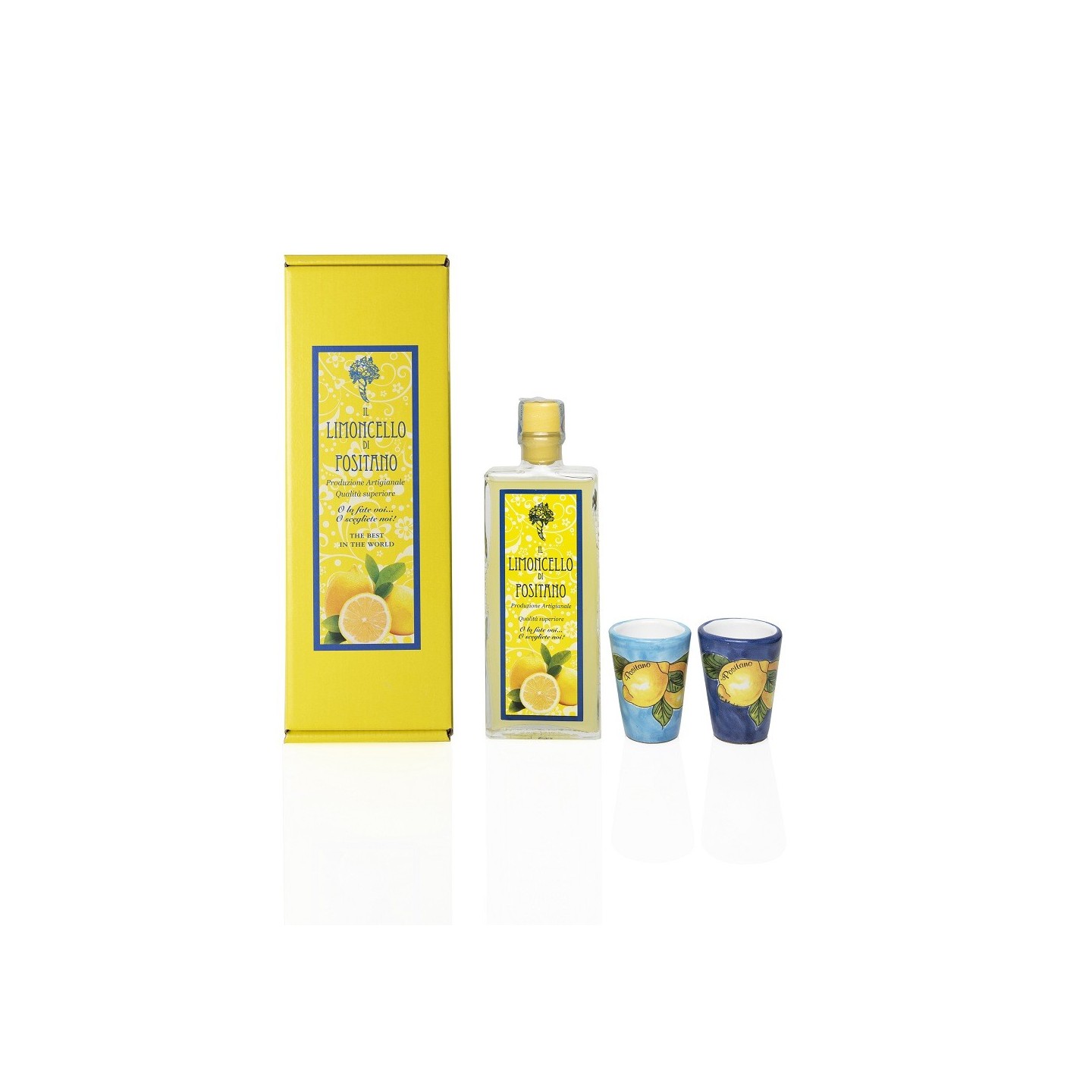 Limoncello artigianale 20 cl e 2 bicchierini di ceramica fatti a mano - Sapori e Profumi di Positano