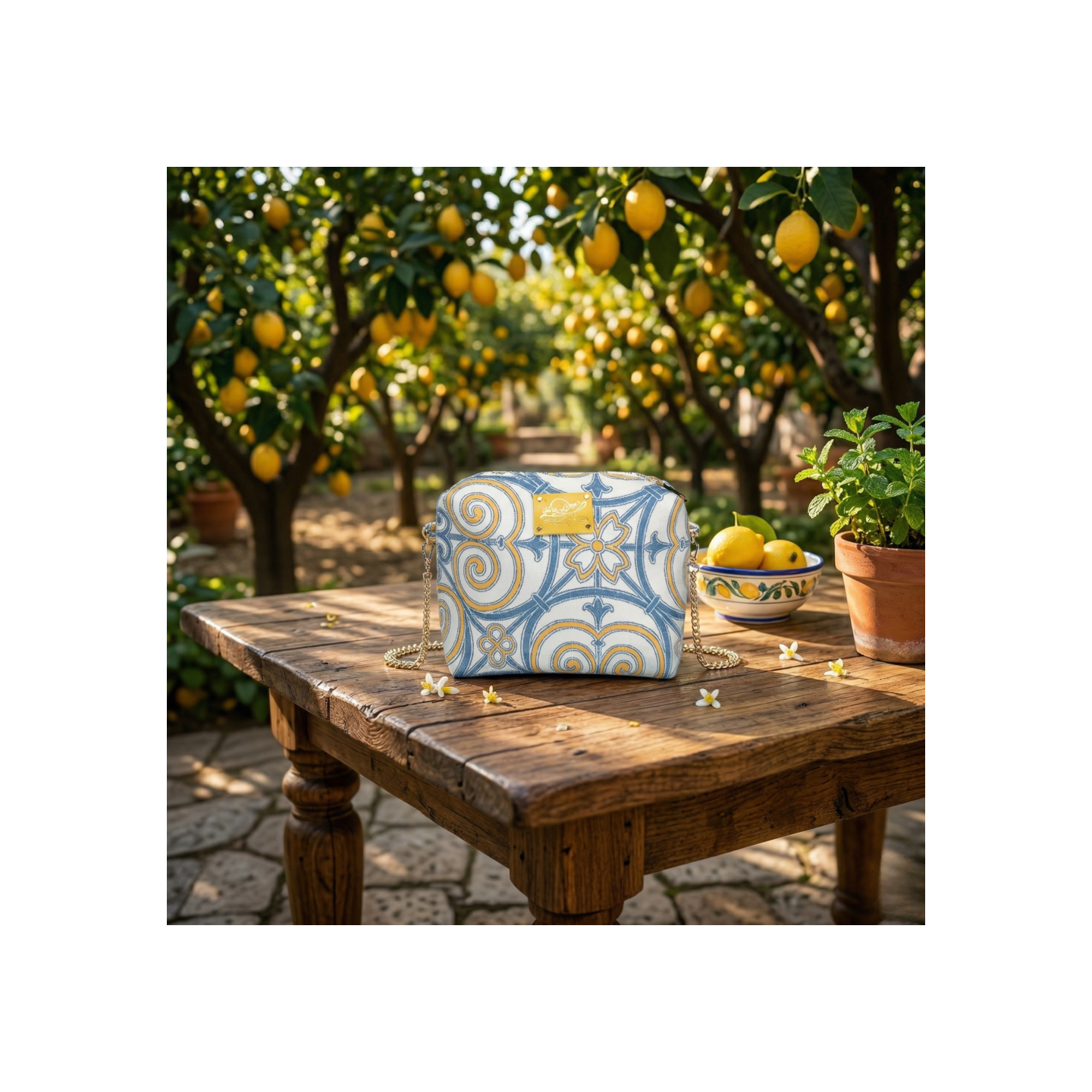 Borsa in cotone e seta di San Leucio realizzata a mano in Italia con tracolla catena – Sapori e profumi di Positano