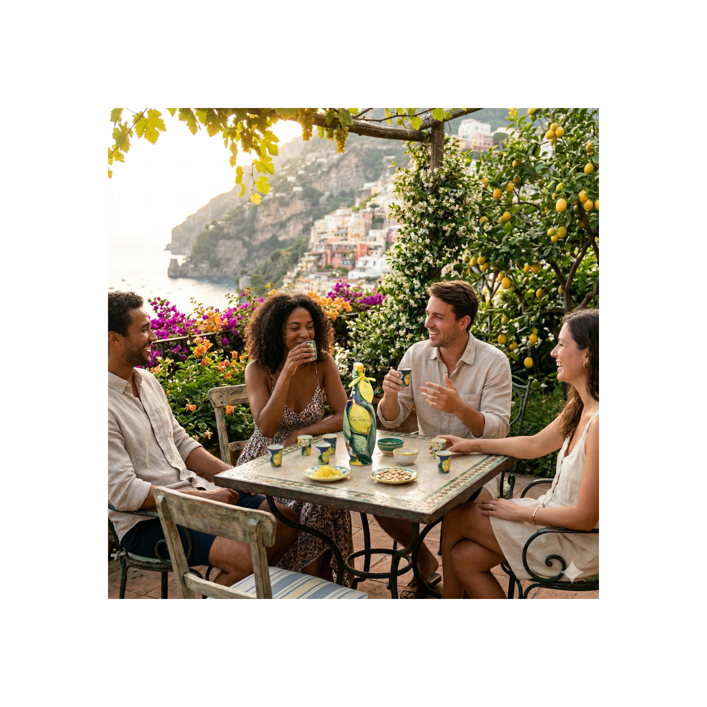 Ceramic bottle 50cl with a Mediterranean design + set of ceramic shot glasses - Sapori e Profumi di Positano